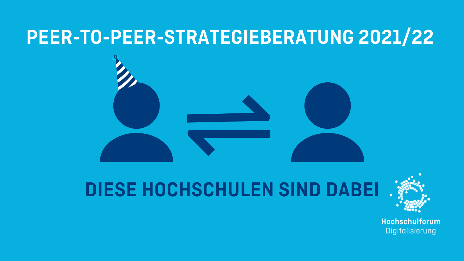 2 dunkelblaue Icons von Personen (Kopf und Schulterpartie) auf türkisem Grund. Text: Peer-to-Peer-Strategieberatung 2021-22: Diese Hochschulen sind dabei