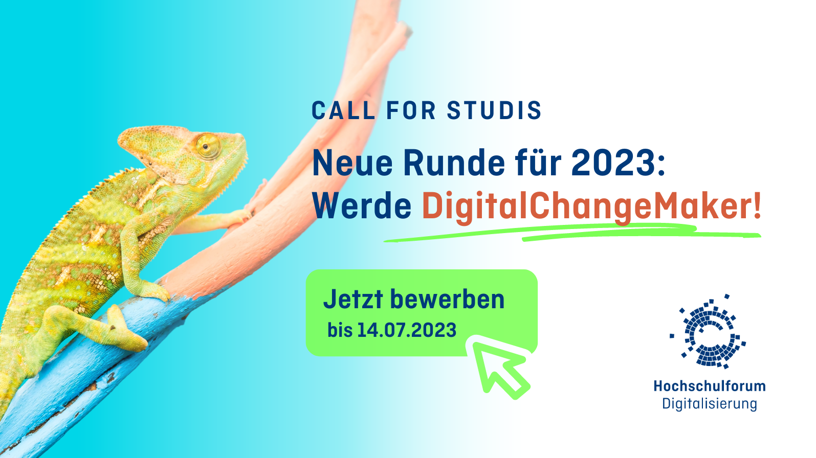 Call for Saudis: Neue Runde für 2023: Werde Digital-Change-Maker! Jetzt bewerben bis 14.07.2023. Logo: Hochschulforum Digitalisierung. Symbolbild: Leguan auf einem Ast klettert entlang der linken Bildhälfte.