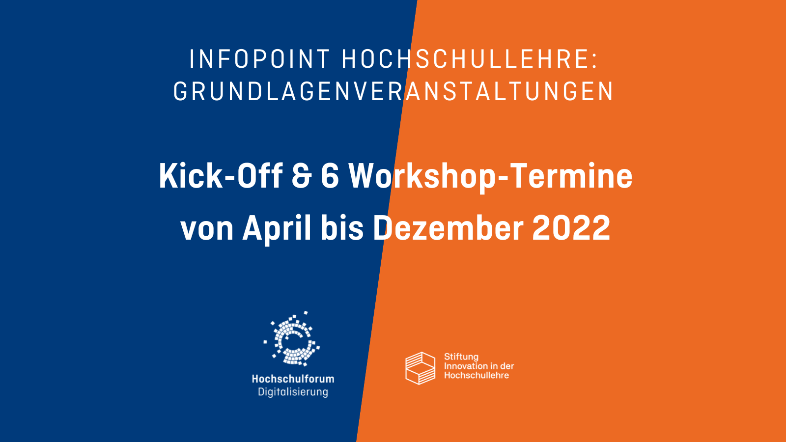 halb dunkelblaue, halb orangefarbene Fläche. Davor weiße Schrift: Infopoint Hochschullehre: Grundlagenveranstaltungen. Kick-Off & 6 Workshop-Termine von April bis Dezember 2022  Darunter weiße Logos des Hochschulforums Digitalisierung und der Stiftung Innovation in der Hochschullehre