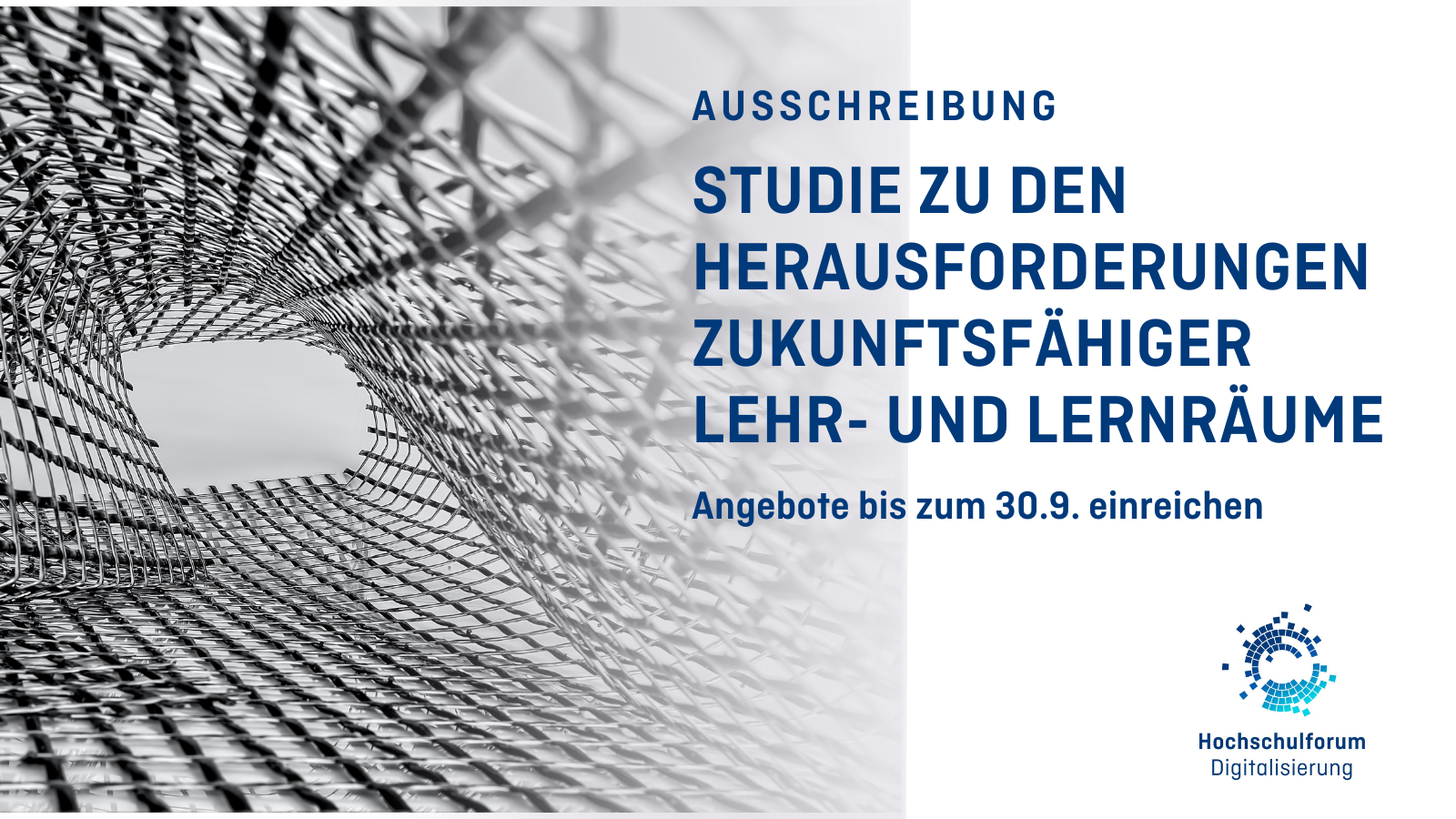 Netzartige Metallstruktur vor weißem Grund, Text: Ausschreibung. Studie zu Herausforderungen zukunftsfähiger Lehr- und Lernräume. Angebote bis zum 30.09. einreichen