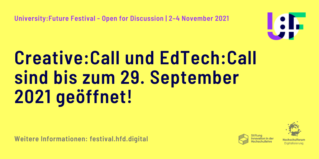 Gelber Grund mit Logo des University:Future Festivals. Text: University:Future Festival - Open for Discussion | 2-4 November 2021. Creative:Call und EdTech:Call sind bis zum 29. September 2021 geöffnet! Weitere Informationen: festival.hfd.digital