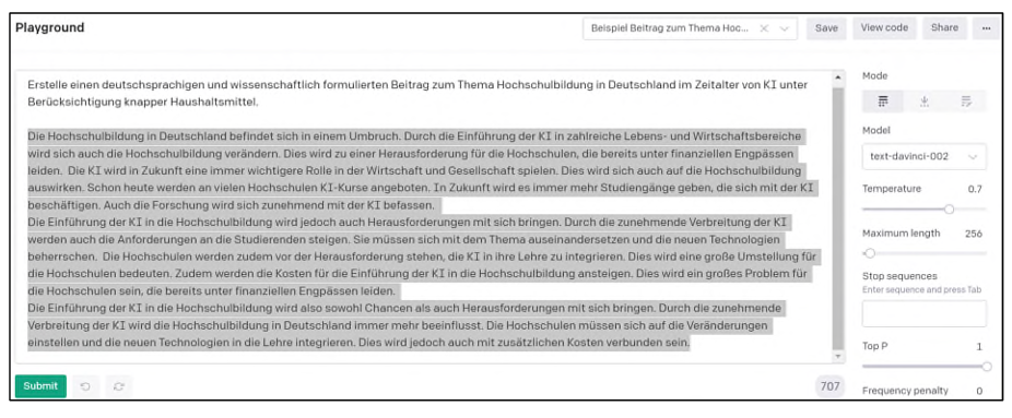 Abbildung 1 umfasst einen Textauszug aus einer KI-gestützen Schreibarbeit innerhalb der Anwendung-Software