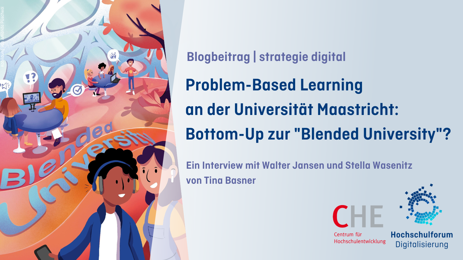 Hintergrundbeschreibung: Zeichnung einer "Zukunftsuni", Text: Blogbeitrag | strategie digital, Problem-Based Learning an der Universität Maastricht: Bottom-Up zur "Blended University"?, Ein Interview mit Walter Jansen und Stella Wasenitz