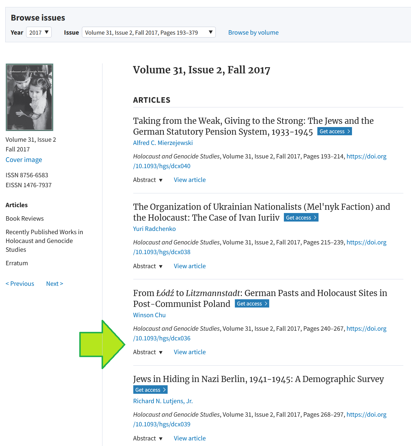 Screenshot einer Open-Access-Ausgabe von Holocaust and Genocide Studies