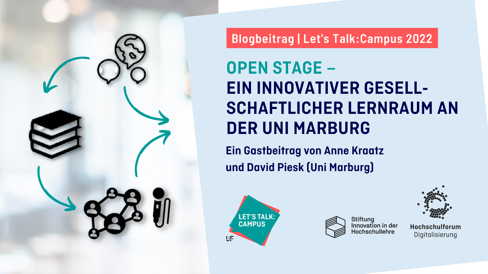 Titelbild zum Blogartikel aus der Blogreihe "Lets Talk Campus": OPEN STAGE – EIN INNOVATIVER GESELL-SCHAFTLICHER LERNRAUM AN DER UNI MARBURG. Ein Gastbeitrag von Anne Kraatz und David Piesk (Uni Marburg). Logo: Lets Talk Campus, Stiftung Innovation in der Hochschullehre, Hochschulforum Digitalisierung.