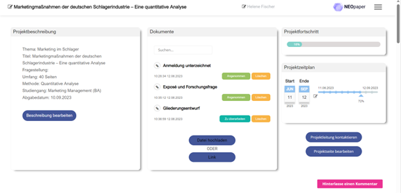 Abbildung 2 zeigt die beispielhafte Darstellung einer Projektseite mit Projektbeschreibung, Dokumentenablage und Projektzeitplan bei NEOpaper