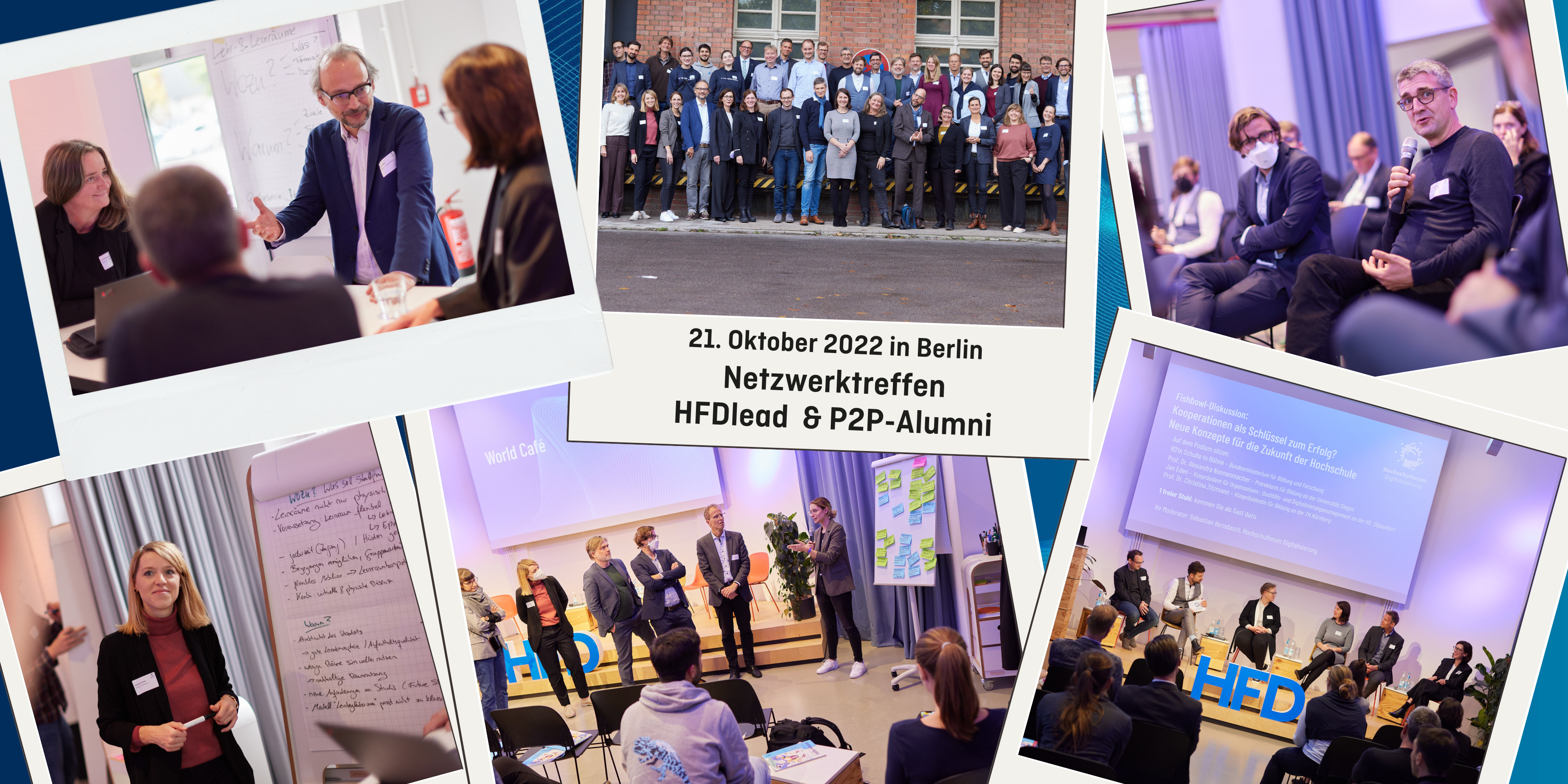 Die Collage zeigt Fotos vom HFDlead und P2P-Alumnitreffen 2022.