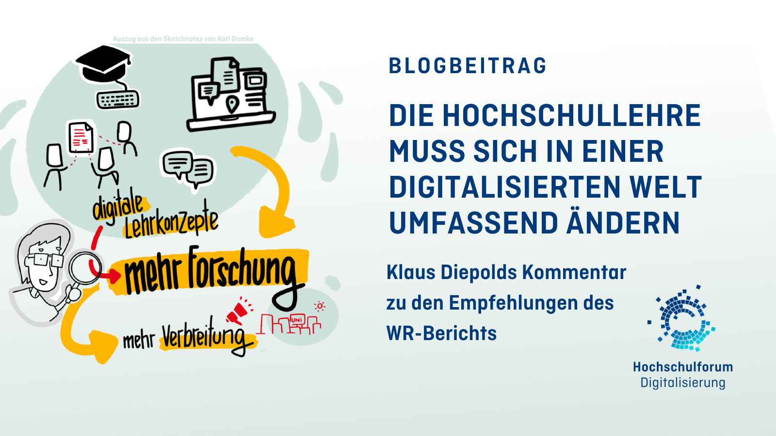 Titelbild zum Blogbeitrag: Die Hochschullehre muss sich in einer digitalisierten Welt umfassend ändern – Klaus Diepolds Kommentar zu den Empfehlungen des WR-Berichts. Logo: Hochschulforum Digitalisierung.