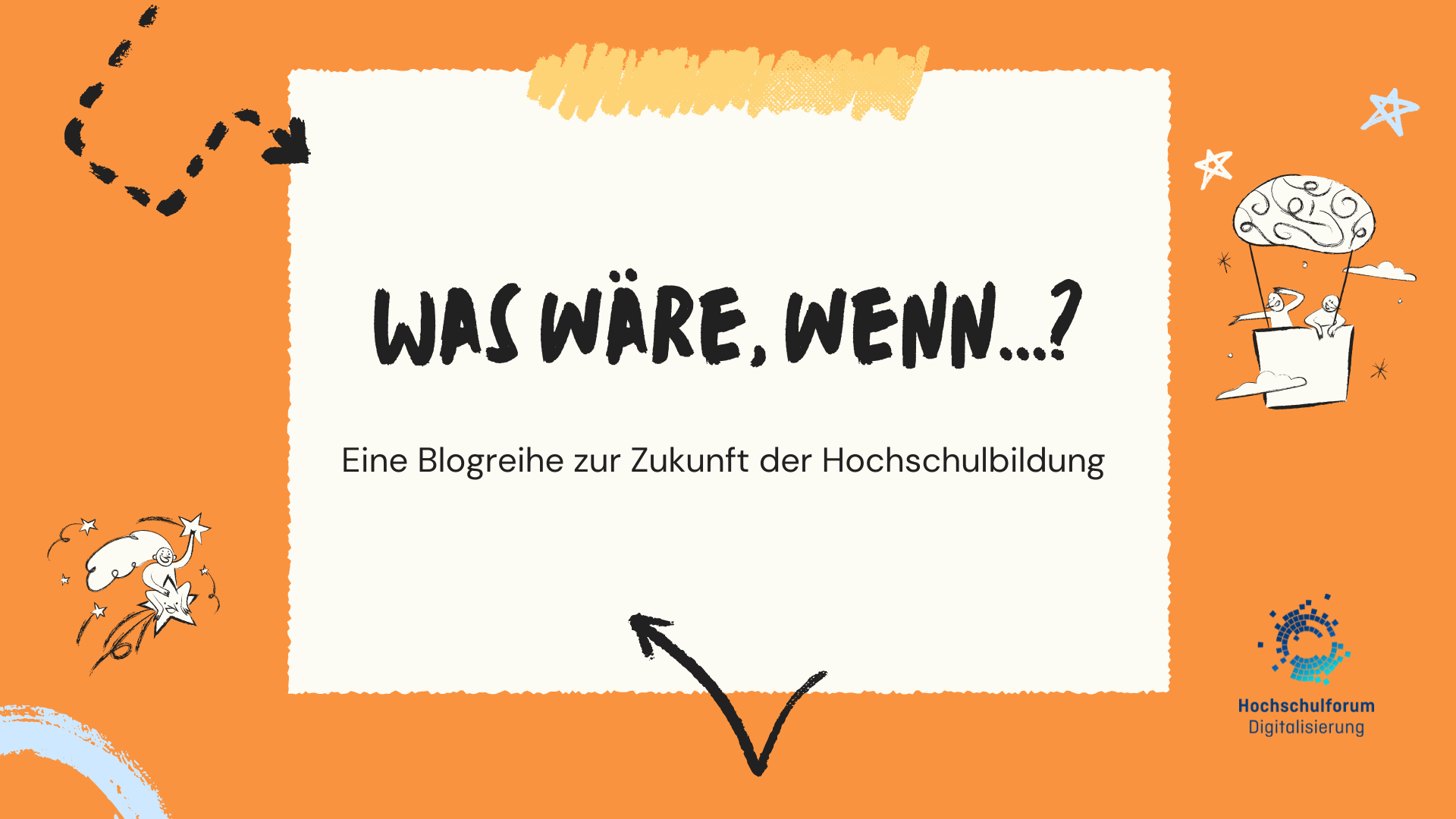 Titelbild der Blogreihe "WAS WÄRE, WENN...? Eine Blogreihe zur Zukunft der Hochschulbildung" Um den Titel herum befindet sich eine Verzierung mit kleinen Icons. Unten rechts befindet sich das Logo vom Hochschulforum Digitalisierung. 