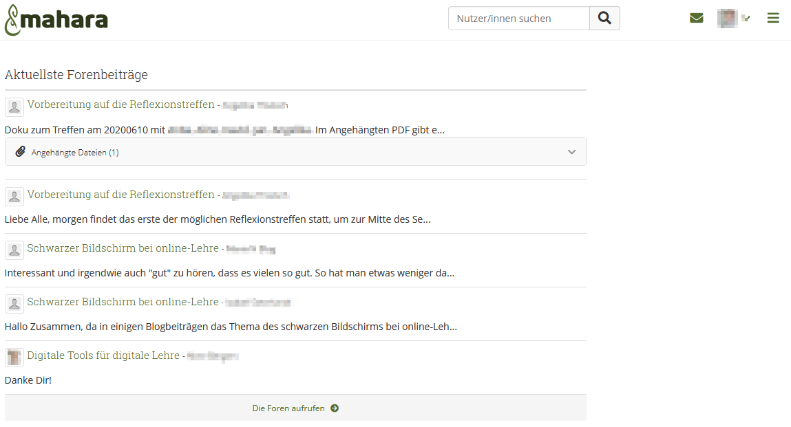 Screenshot der Website mahara