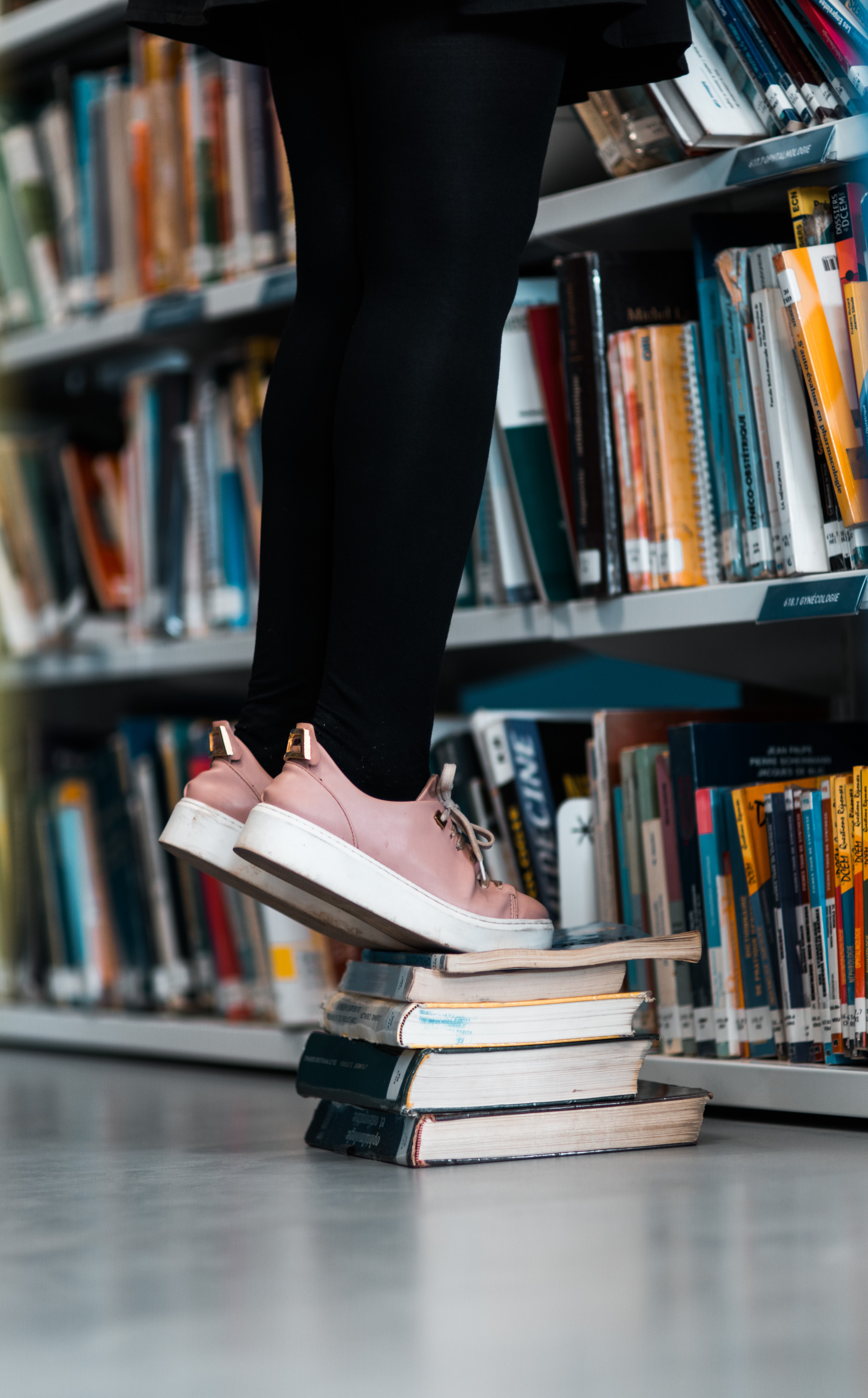 Hackerangriff auf die Universität Gießen - eine Person steht auf einem Stapel Bücher in der Bibliothek