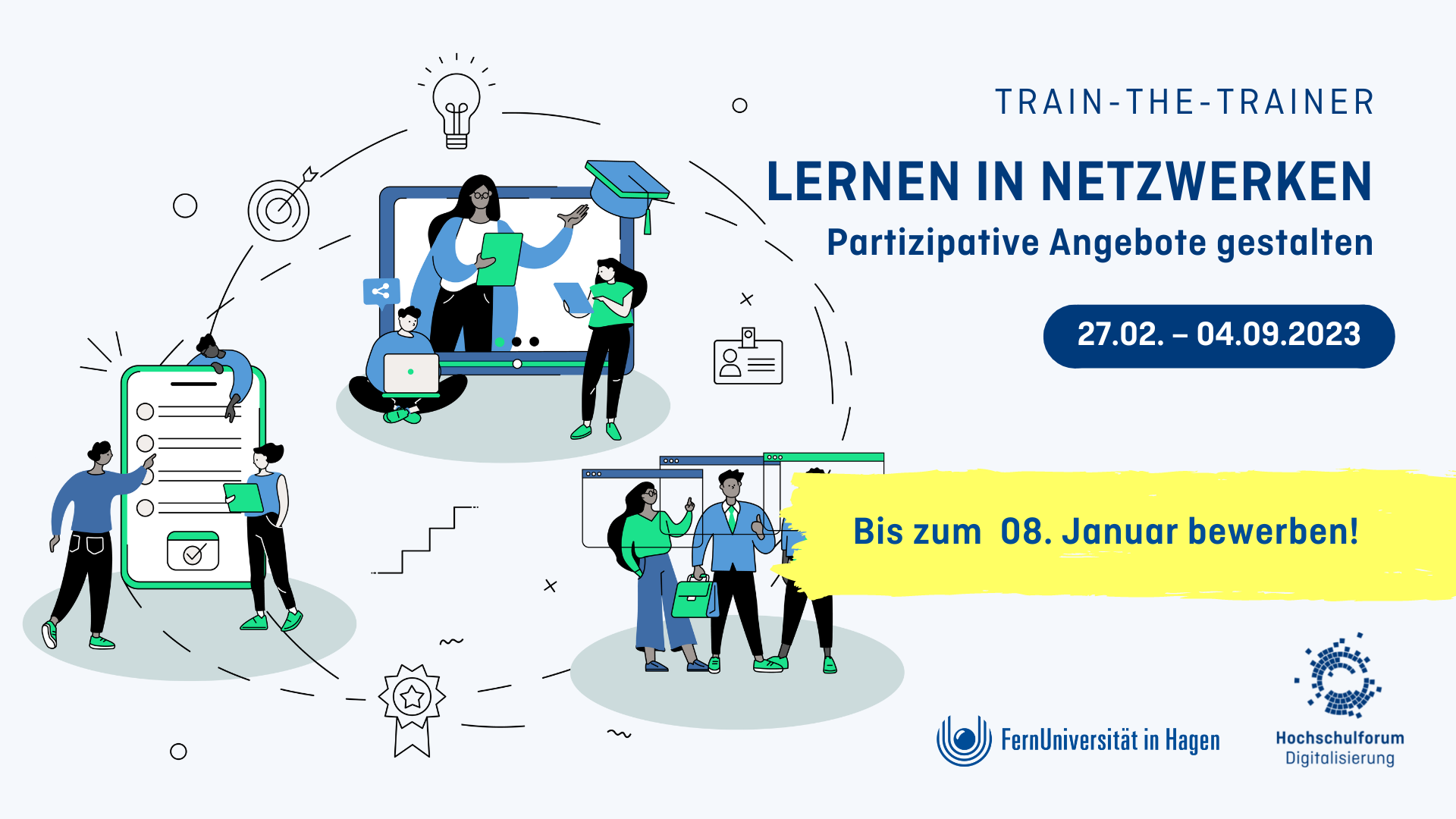 Zeichnung mehrere Figuren in verschiedenen Lernsituationen; von einem Blatt ablesend, auf einem Smartphone tippend und mit Blick auf Browserfenster. Text: Train-the-Trainer Lernen in Netzwerken. Partizipative Angebote gestalten. 27.02.-04.09.2023