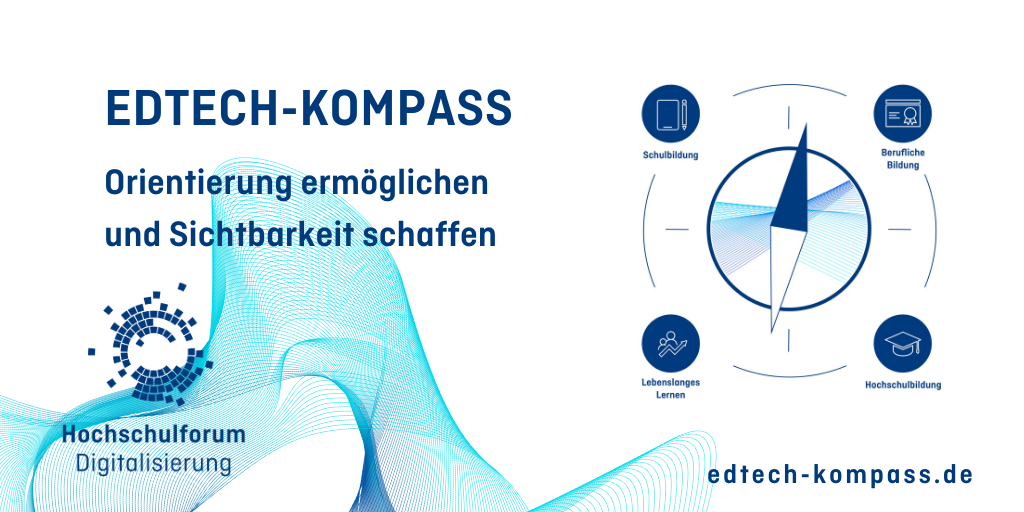 Bild eines Kompasses. Schrift: EdTech-Kompass; Orientierung ermöglichen und Sichtbarkeit schaffen