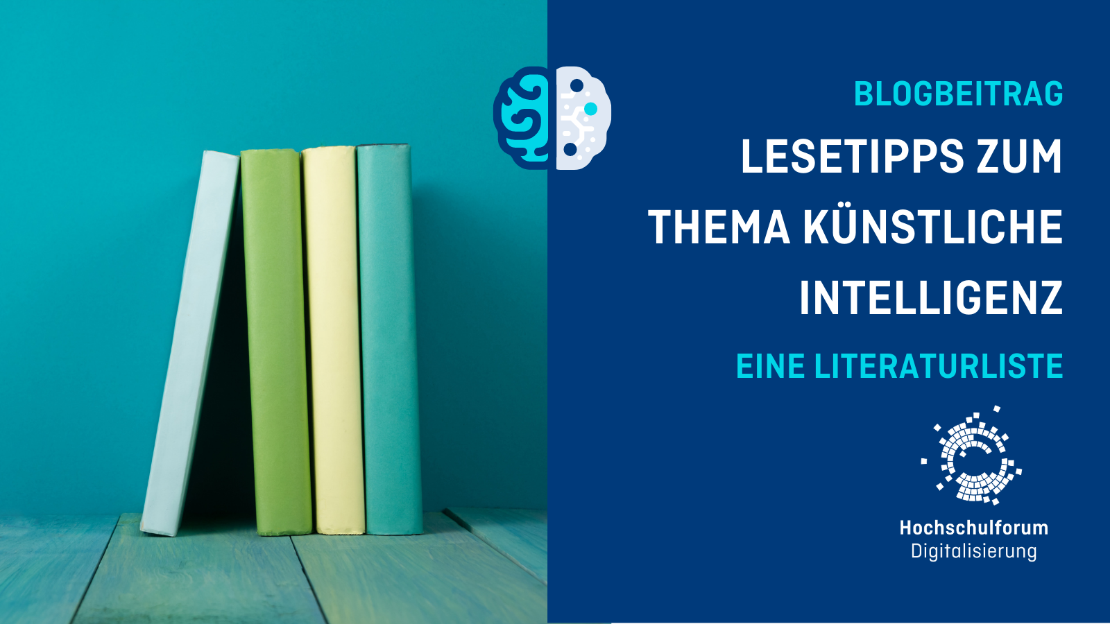 nebeneinanderstehende Bücher ohne Beschriftung, daneben Text: Lesetipps rund um künstliche Intelligenz