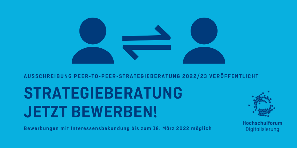 Zwei Avatare mit wechselseitigen Pfeilen dazu Text: Strategieberatung, jetzt bewerben bis zum 19.06.22