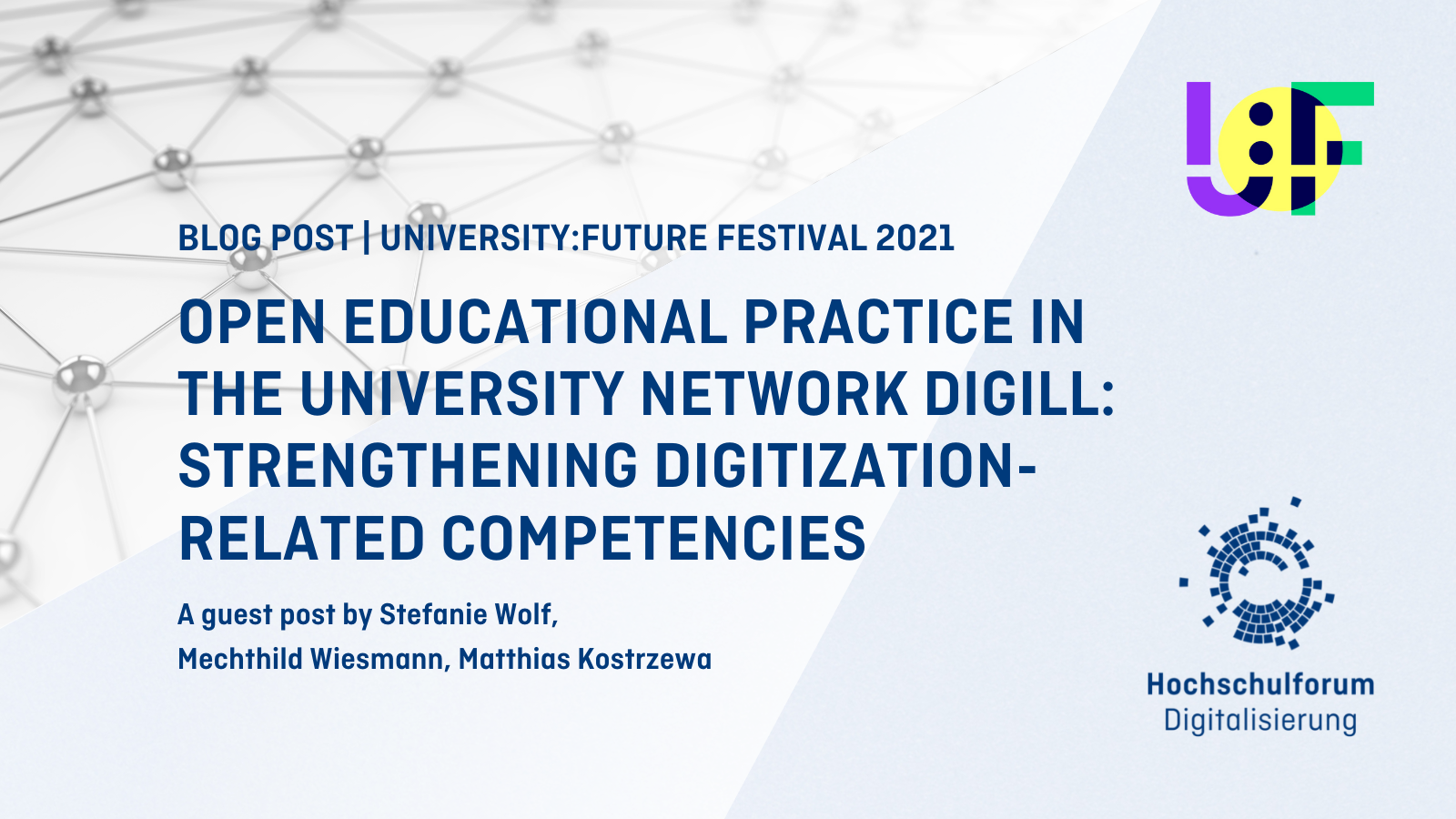 Bild: Weißer Seminarraum, bestückt mit weißen Stühlen und Tischen, rechts unten: HFD und U:FF 2021 Logo, Text:  BLOGBEITRAG | UNIVERSITY:FUTURE FESTIVAL 2021,  Interaktive Lehre mit Particify , Daniel Gerhardt über Start-Up und Onlinedienst "Particify"