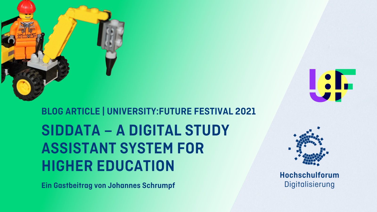 Titelbild: SIDDATA – ein digitales Studienassistenzsystem für Die Hochschullehre, Logo: Hochschulforum Digitalisierung, University Future Festival 2021, Ein Gastbeitrag von Johannes Schrumpf, in englischer Sprache